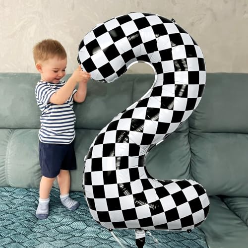 Image of 40 Inch 2nd Birthday Number Balloon, Checkered Foil Self Inflating 2 Balloons Decor, Big Black and White Racing Helium Number 2 Balloons for Girls Boys Birthday Race Car Flag Party Decoration Supplies