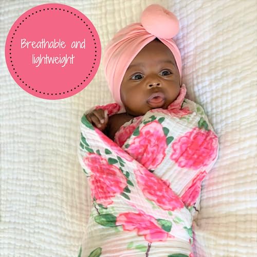 Image of LollyBanks Baby Swaddle Blanket, 100% Cotton Muslin Blankets for Girls, 47 x 47 Inches Soft and Breathable Swaddles for Newborns, Gentle Baby Wrap Swaddle, Baby Essentials, Registry (Peony Print)