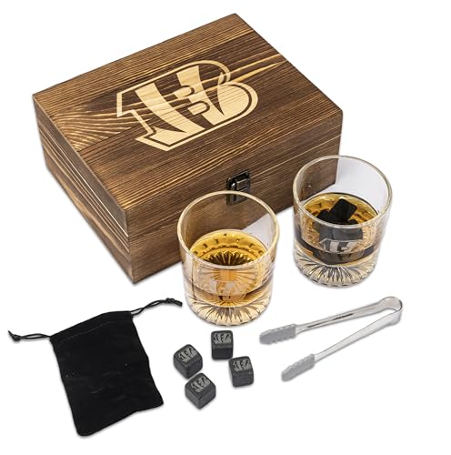 The Memory Company Officially Licensed NFL Wood Boxed Drinkware Set - 2 Premium Rocks Glasses with Laser-Etched Team Logo & Reusable cooling cubes, Whiskey & Cocktail Gift Set for Football Fans