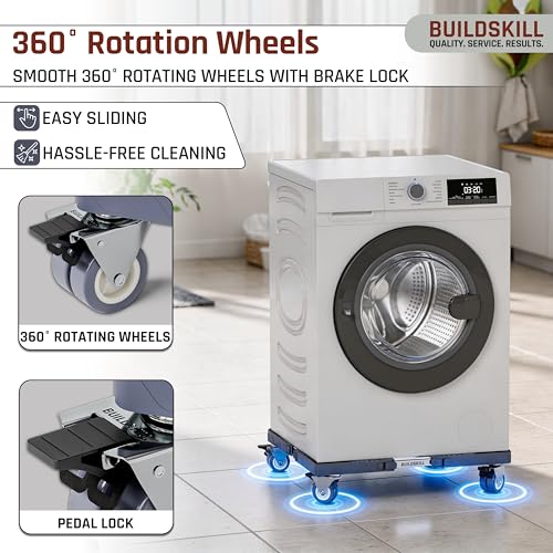 Image of BUILDSKILL Rust-Proof Dual Stainless Steel Tube Washing Machine Stand | 200kg Capacity | Adjustable Size | 360 Locking Wheels | Anti-Skid | Fits Top /Front Load, Fridge & Dishwasher