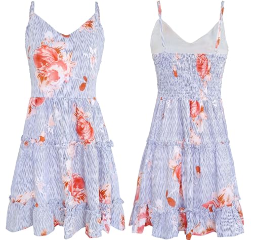 Image of FANCYINN Women Floral Casual Tiered Mini Dresses Spaghetti Strap V Neck Backless A Line Swing Short Dress with Pockets
