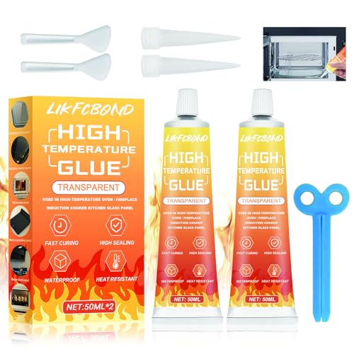 LIKFCBOND High Temperature Glue Clear Set, 3.38floz Heat Resistant RTV Silicone Sealant Waterproof, High-Temp Sealing Adhesive for Fireplace, Oven Glass, Cooktop, Stove (50ml*2)