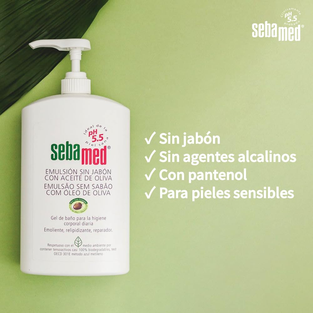 Sebamed Emulsión sin Jabón con Aceite de Oliva, Gel de Baño para Pieles Secas y Sensibles, Higiene Diaria