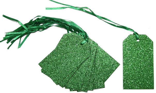 50 x Glittery Green Gift Tags & Tying Ribbon - Christmas Birthday Gift Wrap Present