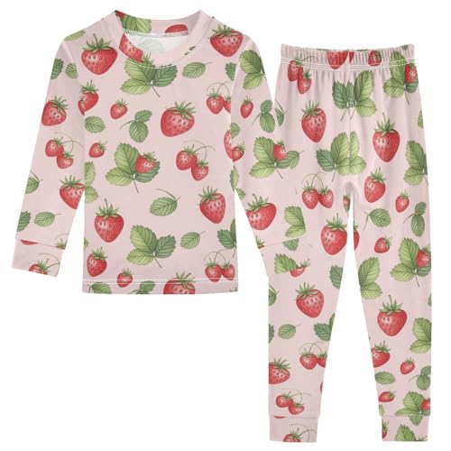 Pajama Sets Long Sleeve Strawberry Leaves Pattern Soft Comfy Sleepwear 2 Piece PJS 3-8T