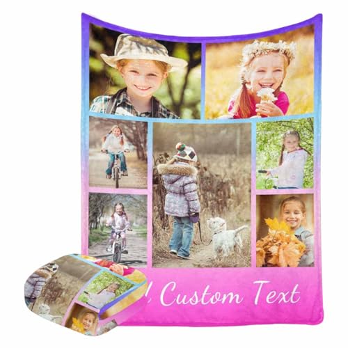 Artsadd Custom Blanket with Text Photo, Personalized 7 Photos Blankets with Name Customized Pet Photo Blankets for Dog Cat Custom Super Soft Fleece Blanket with Pictures for Infant Toddler