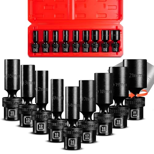 BLACKROBOT 3/8' Drive Deep Impact Swivel Socket Set, 9-Piece Flexible Wobble Socket, Metric 10-21mm, 6-Point CR-MO Steel, With Heavy Duty Storage Case
