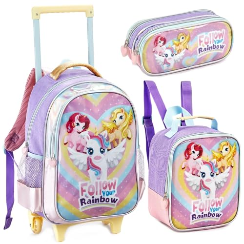 Kit Mochila Escolar Com Rodinhas Unicórnio Sereia Feminina