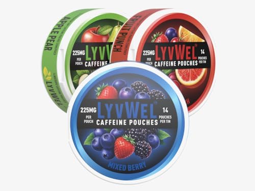 Image of LyvWel 225mg Caffeine Pouches, Guarana-Powered Energy Pouches, Nootropic Pouches, Nicotine Free Pouches & Tobacco-Free, 3-Pack Variety Pack, 42 Pouches