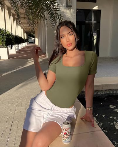 Image of OQQ Women's 2 Piece Bodysuits Sexy Ribbed One Piece Square Neck Short Sleeve Bodysuits
