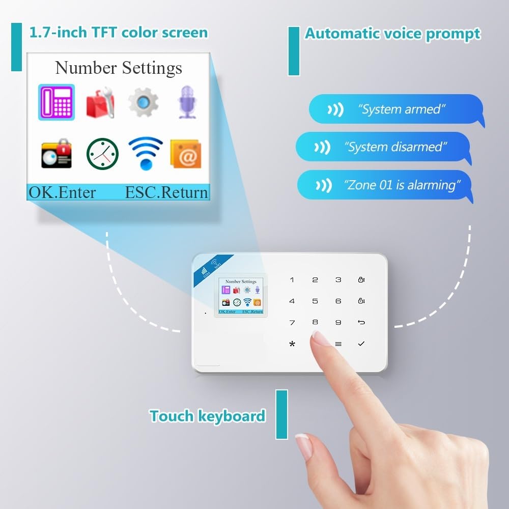 W184 Domowy inteligentny system alarmowy 4G GSM Bezprzewodowy Tuya 1,7-calowy kolorowy ekran Host komunikatów głosowych Do domu i garażu(KIT 8)
