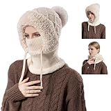 Toerjii Wintermütze Damen,Balaclava Damen,3 in 1 Beanie Mütze Warm Strickmütze & Halswärmer Sets,Multifunktional Verstellbar Gesichtsmaske für Täglich und im Freien (Beige)