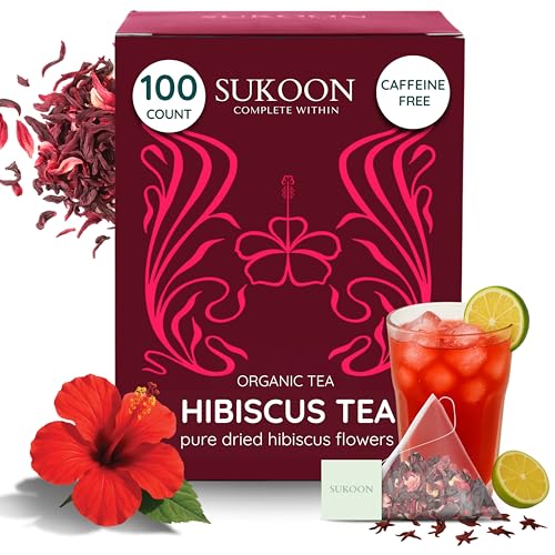Image of Sukoon, Hibiscus Tea Organic - 100 Tea Bags (2g each) - Sweet & Tart - Contains only Dried Hibiscus Flowers loose leaf - flor de jamaica organica natural, herbal tea in plastic free tea bags
