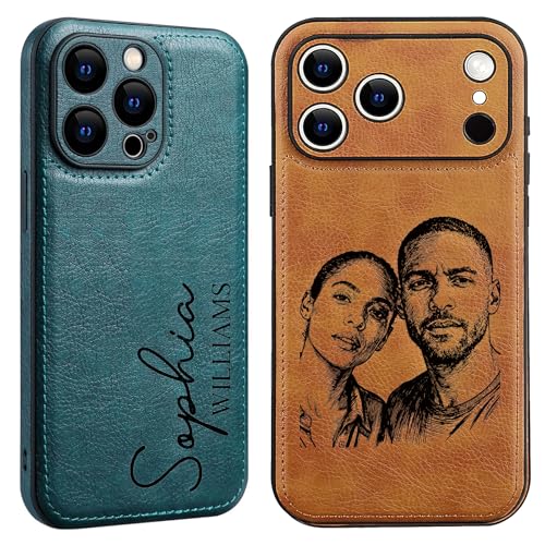 Personalized Leather Case for iPhone 17 16 15 14 13 12 11 - Pro Max Plus mini - Custom Name Picture Phone Cover, Anniversary Birthday Graduation Gifts for Couple (Leather-Brown)