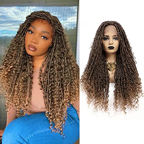 SOKU Lace Front Faux Locs Braided Wig 30” Swiss Lace Ombre Brown Mixed Bohemian Curly Hair Hand-braided Synthetic Crochet Braids with Baby Hair Lightweight Bouncy Dreadlocs for Women Gift Halloween