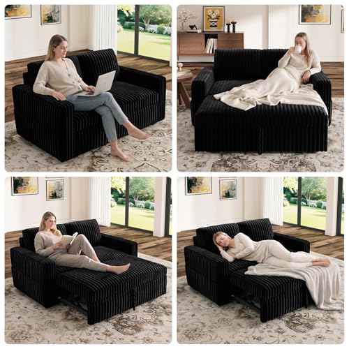 Image of HONBAY Modular Pull Out Sofa Bed,Corduroy Loveseat, Couches for Living Room,Black