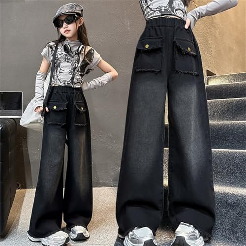 Kids Girls Boy Elastic Wide Leg Jeans Distressed High Waist Loose Fit Straight Jeans Casual Denim Pants with Pocket2