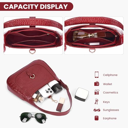 Shoulder Bag for Women Red Purse PU Leather Shoulder Purse Trendy Burgundy Handbag Small Crocodile Pattern Crossbody Bags4