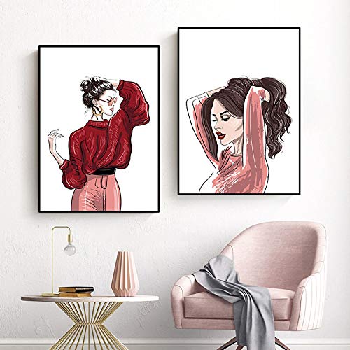 Pintura Giclee de chicas de moda en pack de 2 lienzos sin marco con detalles de labios rojos 1