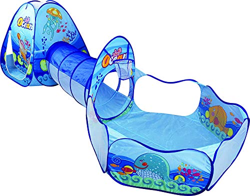 Playhood 3-in-1 Pop Up Play Tent House with Tunnel & Ball Pool for Kids – Ocean Theme (Balls not Included)