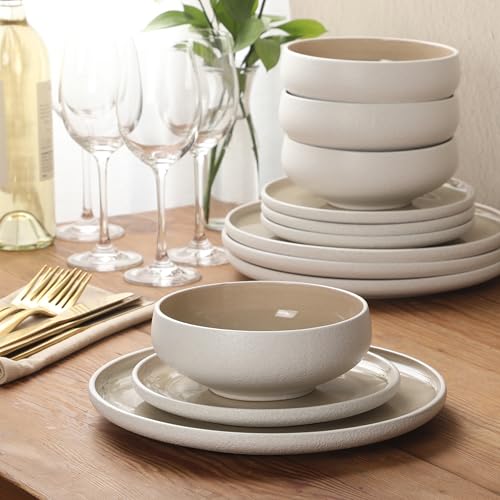Image of Gibson Elite Pacifco Beach Plates and Bowls Sets, 12-Piece Stoneware Dinnerware Sets, Reactive Glaze Dish Set - Taupe