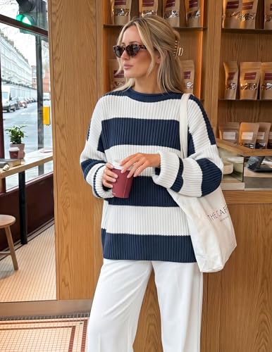 Image of ZESICA Women's 2026 Fall Long Sleeve Oversized Striped Color Block Comfy Loose Crew Neck Knitted Pullover Sweaters