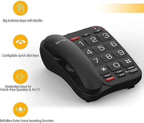 Miniatura 2 de Ornin Teléfono con cable con botón grande S018 con altavoz, 40dBm teléfono de voz, teléfonos con discapacidad visual para personas mayores, Braille