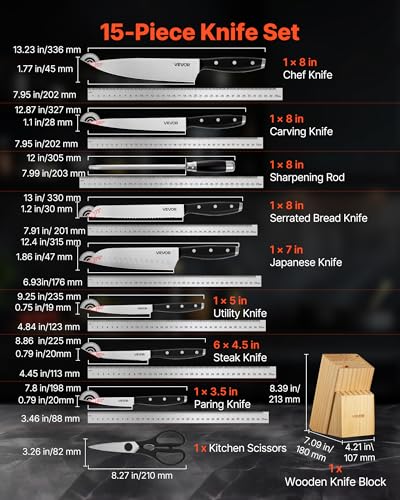 Image of VEVOR Kitchen Knife Set with Block and Sharpener, 15 Piece High Carbon Stainless Steel Sharp Knife Set, Kitchen Cutlery with Ergonomic Handle, Sharpening Rod and Premium Wooden Block, for Home Cooks