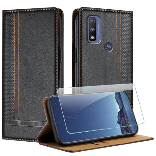 JayModCase Funda para Motorola Moto G Play 2023/G Pure 2021 con Protector Pantalla, Flip Leather Ranura Tarjeta Magnético Wallet Carcasa con Cierre magnético Soporte Plegable   Negro