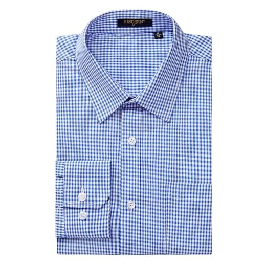 HISDERN Camisa social masculina casual xadrez abotoada manga longa formal negócios camisa guingham para homens, Xadrez azul, M