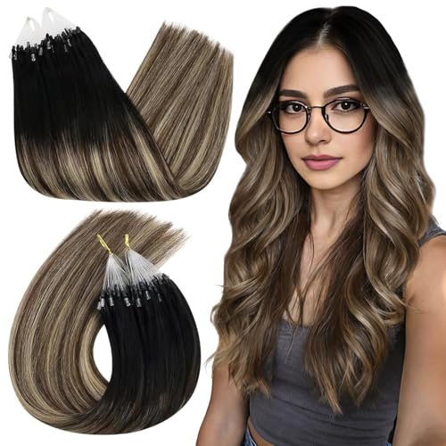 Ugeat Micro Ring Hair Extensions for Long 22 Inch Human Hair Micro Loop Extensions Natural Black to Dark Brown Mix Caramel Brown Ombre 50G/50S #1B/4/27
