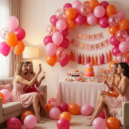 Image of Pink and Orange Balloons, 55PCS light pink balloons 12inch Pink Orange Confetti Balloons for Baby Shower, Birthday, Wedding, Tropical Party decorations