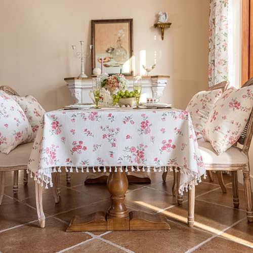 VClife White and Pink Print Table Cloth, Linen Texture Tablecloth for Rectangle Tables, Shabby Chic Vintage Flower Leaves Table Cover for 8-10 Seaters Decorative Fabric Furniture Protector, 60"x102" by VClife - Used condition - US$16.32