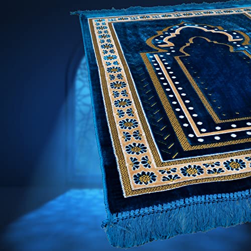 Tb Muslim Prayer Rug Thick, Islamic, Soft Velvet Mat Ramadan Gift, With Prayer Bead Unique Decoration Gilded Gold-Like Embroidered For Women Man Kids Meditation Turkish African (Blue) #TOP5