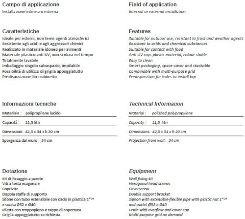 Negrari Wandwaschbecken aus Polypropylen-Harz, beständig gegen Säuren der üblichen Verwendung, feuchtigkeitsbeständig, Abfluss- und Befestigungsset im Lieferumfang enthalten, Innen- und Außenbereich,