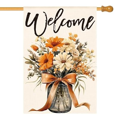 AVOIN colorlife Fall Flowers House Flag 28 x 40 Inch Double Sided Outside, Autumn Floral Mason Jar Seasonal Welcome Yard Outdoor Flag