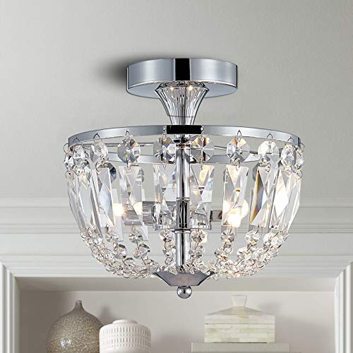 Bestier Modern Chrome Crystal Semi Flushmount Chandelier Lighting LED Ceiling Light Fixture Lamp for Dining Room Bathroom Bedroom Livingroom Diameter 9" Height 8.6" - Image 3