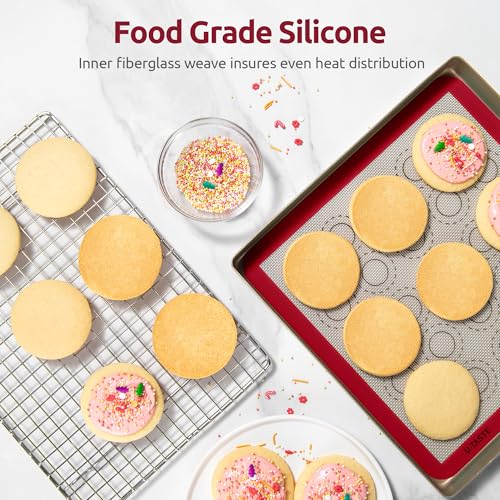 Image of 446ºF Heat Resistant Macaron Mat: U-Taste 11x11in Non Stick Silicone Baking Mat, Reusable Cookies Pastry Sheet Liner with Edge Enhancement & Circle Measurement for Square Cake Pan (2 PCS, Red)