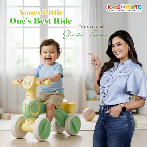Image of Kidsmate Tiny Glide Baby Push Ride On Toy with Rear Storage Basket | 4-Wheel Stable Design for Balance, Coordination & Active Growth | Perfect Toddler Mini Bike for 1-4 Yrs - Green Yellow