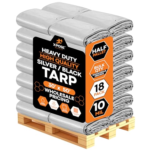 Image of Heavy Duty Poly Tarp 30' x 50' - Bulk Half Pallet (18 Pack) Thick Waterproof, UV Blocking Protective Cover - Reversible Silver & Black - 10 Mil Thick Polyethylene - by Xpose Safety
