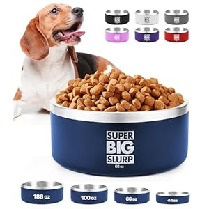 Tuff Pupper Heavy Duty Insulated Dog Bowl Double Wall Stainless Steel Dog Food Dish Non Slip Spill Proof Dishwasher Safe Cat Bowl Water Bowl for Feeding Large Medium Small Pets 66oz Blue