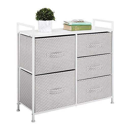Image of mDesign Storage Dresser Furniture Unit - Large Standing Organizer Chest for Bedroom, Office, Living Room, and Closet - 5 Drawer Removable Fabric Bins - Chevron Pattern - Taupe/Natural/White