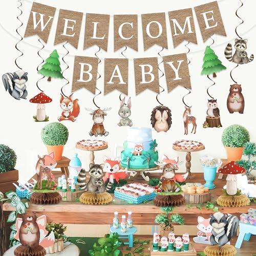 Image of Woodland Animals Baby Shower Decorations Welcome Baby Banners Woodland Hanging Swirls Honeycomb Centerpieces Forest Animals Party Decorations for Birthday Gender Reveal Party Decor