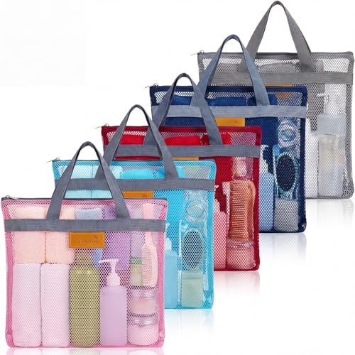 Tudomro 5 Pcs Mesh Shower Caddy Portable Shower Bag Bulk Quick Dry Tote Bag Lightweight Hanging Toiletry Bath Organizer for College Dorm Gym Swimming Beach Travel Games Sports (Gray Handle)