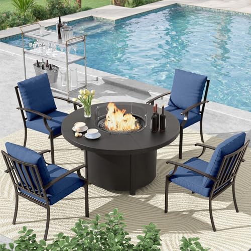 Trumbeak 5 Pcs Metal Outdoor Patio Furniture Set with 48"/55000 BTU Outdoor Round Propane Fire Pit Table,Patio Conversation Sets 4 Fixed Chairs No-Slip Cushions and Waterproof Covers,NavyBlue