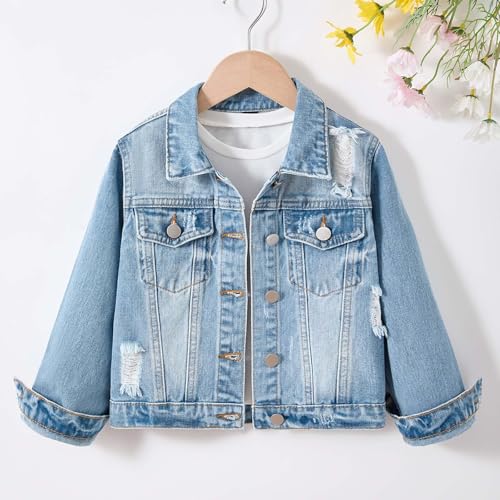 Denim Jacket for Girls Trendy Button Down Collared Long Sleeve Ripped Jackets Tops Coat Outwear Fall Outfits 3-12 Years4