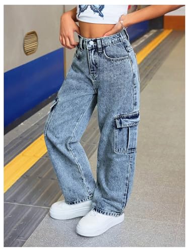 SweatyRocks Girl's Baggy Jeans Elastic High Waisted Straight Denim Pants with Pockets2