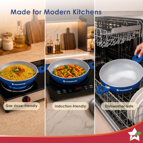 Image of Wonderchef Natura Ceramic Kadhai & Glass Lid for Cooking, 24cm, 2.5L, Non-Toxic Chemical-Free Coating, PFOA /PFAS-Free, Scratch-Resistant, Gas & Induction Compatible, 2-Yr Warranty, Teal Blue