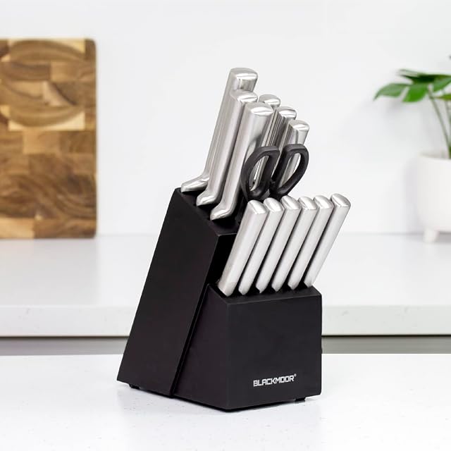 Blackmoor 69099 12-Piece Knife Set with Accessories & Matt Black Knife Block/Stainless Steel Knives with Ergonomic Handles/Edge Retention Functionality/Modern & Stylish Kitchen Accessories