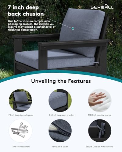 Image of SERWALL HDPE Outdoor Patio Furniture Set Outdoor Couch | All Weather Outdoor Sectional with Coffee Table & Side Table, Black Frame & Gray Cushions